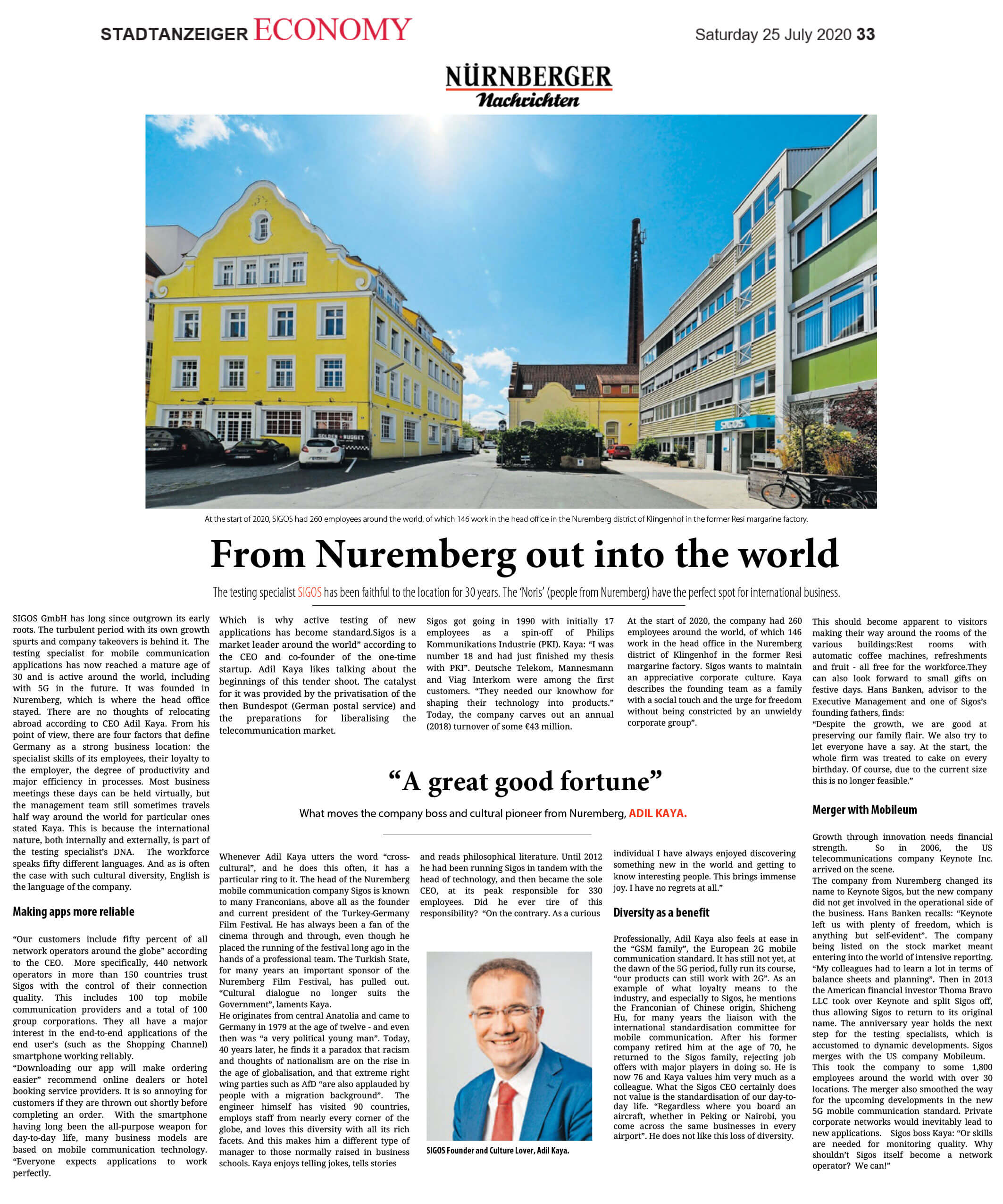 Newspaper Nuernberger Nachrichten SIGOS Adil Kaya From Nuremberg out into the world - Diversity as a benefıt - 25-07-2020